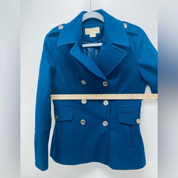 Michael Kors Wool Blend Double Breasted Pea Coat Women's Gold Button Blue Size L - Picture 9 of 13